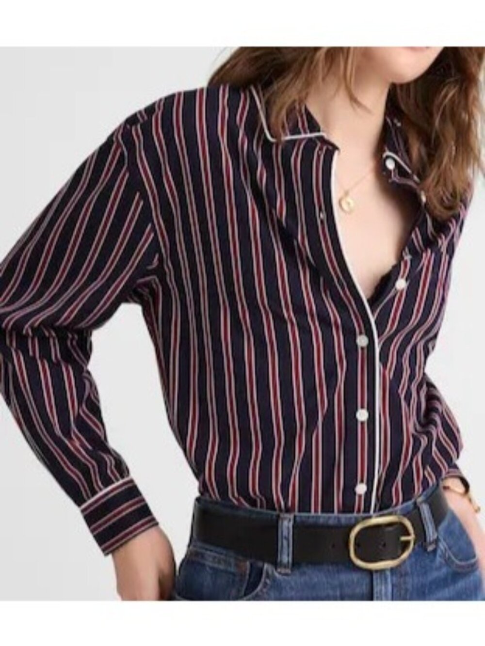 Madewell Long Button-Up Shirt in Stripe Poplin~Size M~Red Navy Stripe NWT L10 27 - Picture 2 of 10